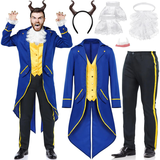 RUODON 6 Pieces Halloween Prince Charming Cosplay Costumes Set Prince Outfits Tailcoat Victorian Prince Costumes for Men